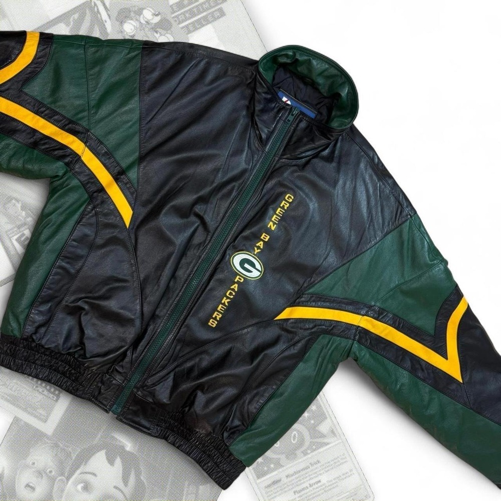 Vintage 90s Pro Player Green Bay Packers Leather Varsity Bomber Jacket Mens XL